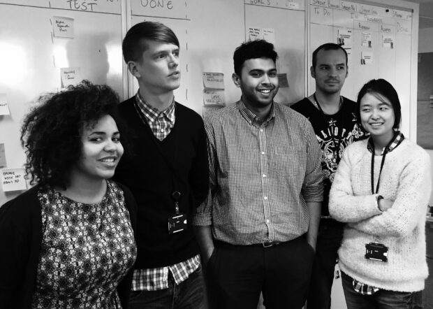 Meet the team working on the new intranet: (left to right) Kamala Hamilton-Brown (delivery manager), Matt Davis  (content designer), Tarakul Abedin (product manager), Marcin Cichon (developer), Amy Lee (UX designer)