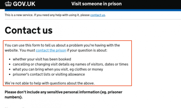 Version B - the new version of the page, with revised text; this now refers to contacting the prison earlier on, before the bullet points.