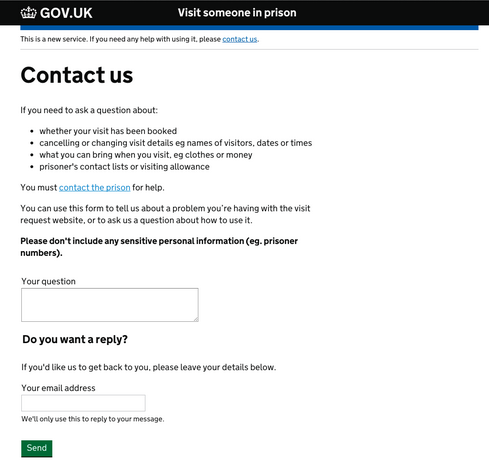 The 'contact us' page on the prison visits booking service
