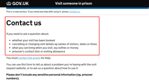 Version A - the original version of the 'contact us' page on the prison visits booking service