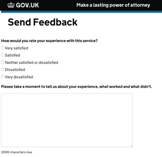 Screenshot of the feedback form on the lasting power of attorney service