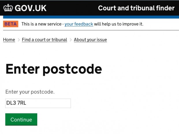 Screenshot of the postcode lookup on the court finder tool