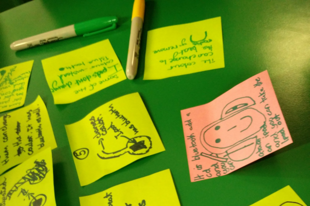 Post it notes with ideas and pens