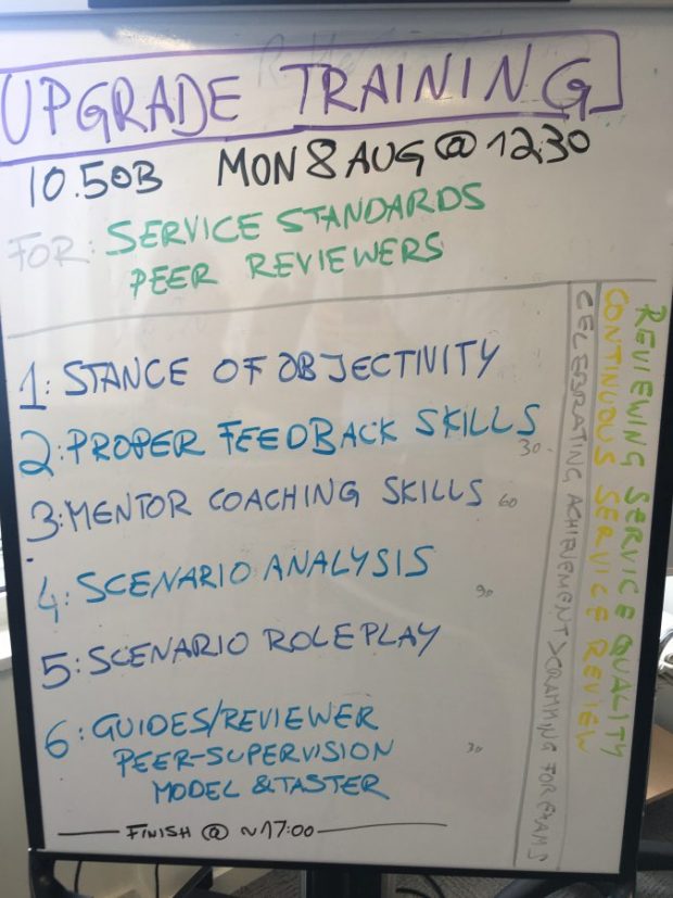 Peer reviewer training agenda on flip chart.