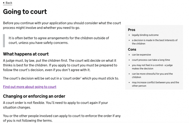 Screenshot of the GOV.UK Going to court page